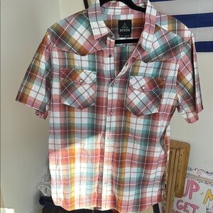 Prana Red and Green Casual Button Down Shirt